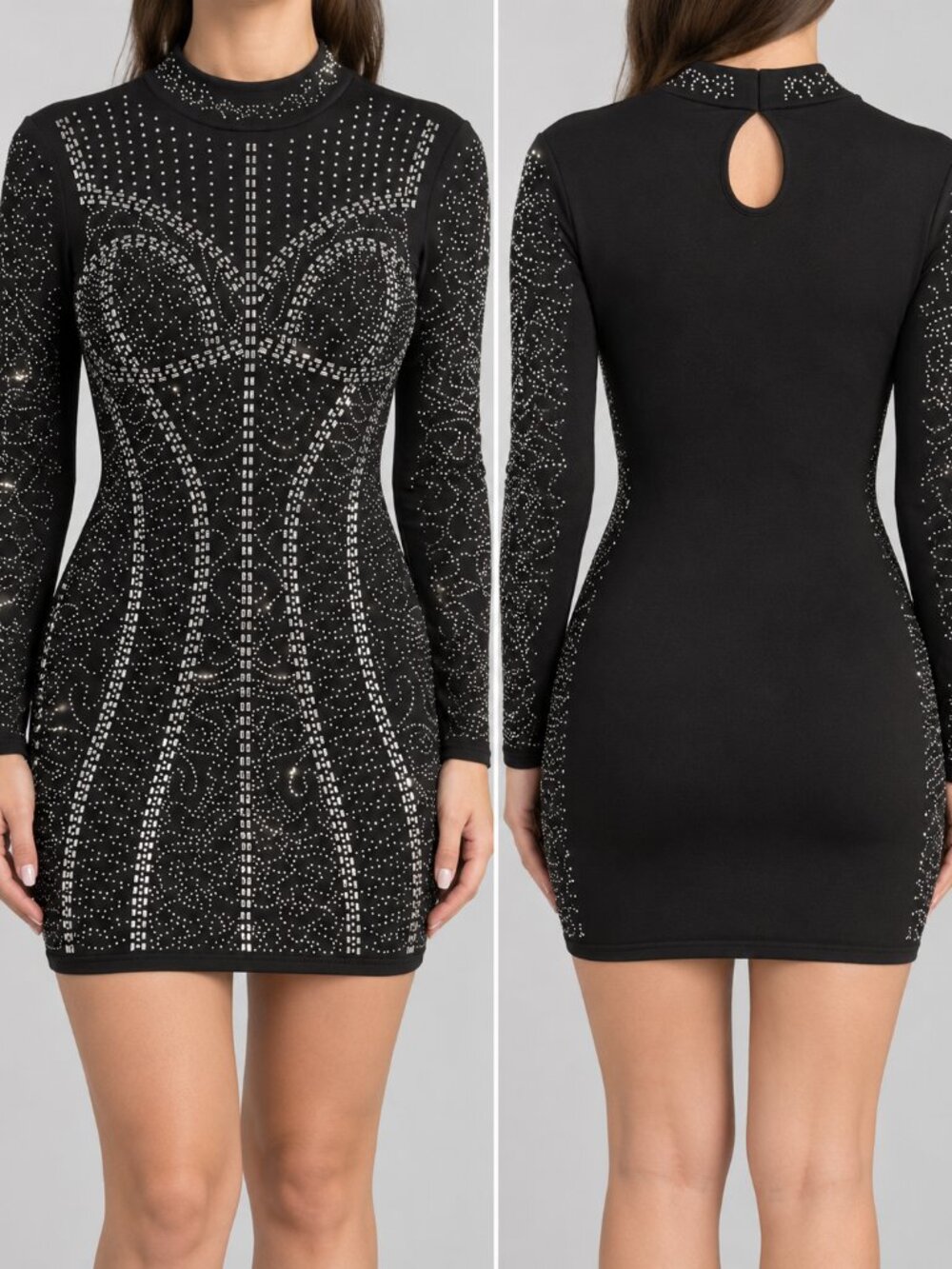 EVER B Black Rhinestone Bodycon Mini Dress Medium Long Sleeve Mock Neck